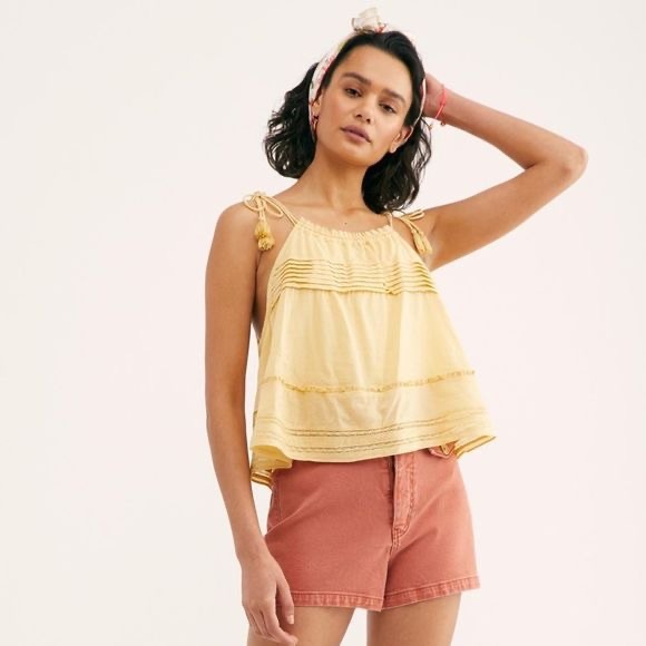 Free People Trust Me Bodysuit Yellow flowy tassle straps sleeveless boho large - Picture 4 of 7